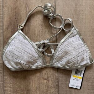 Guess White Crochet Triangle Bikini Top with Silver Trim New Size Med Beach Swim